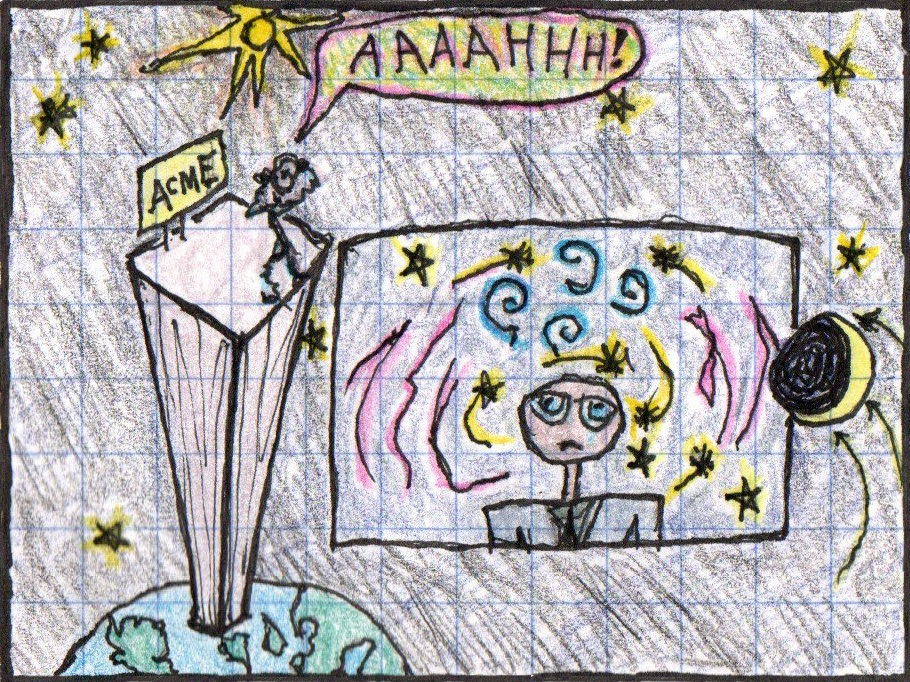 A person who's head is spinning at the top of a tower towering over the Earth's sphere, screaming (black pen and colored pencil)