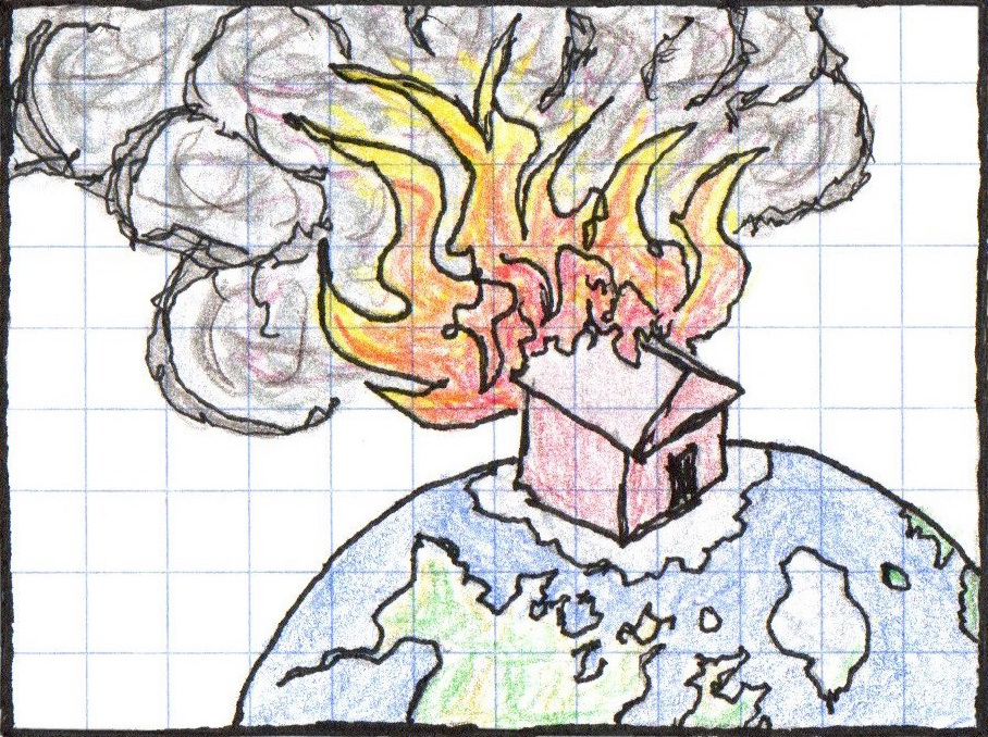 A picture with a burning house sitting on the Northern Polar Ice Cap of the Earth (black pen and colored pencil)